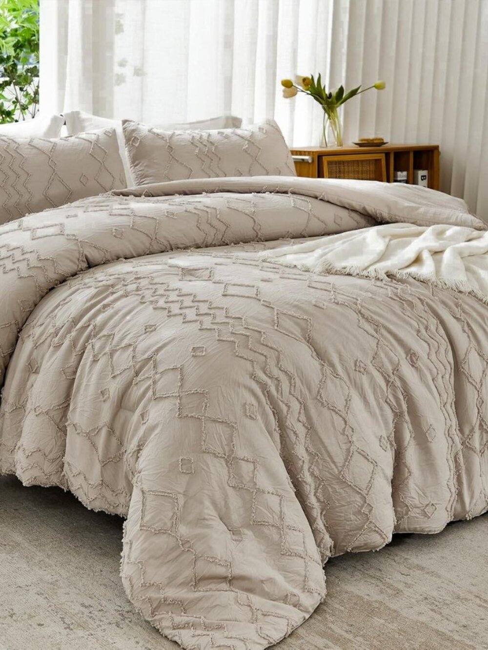 King Size Comforter Set Khaki, 3 Pieces Bedding
